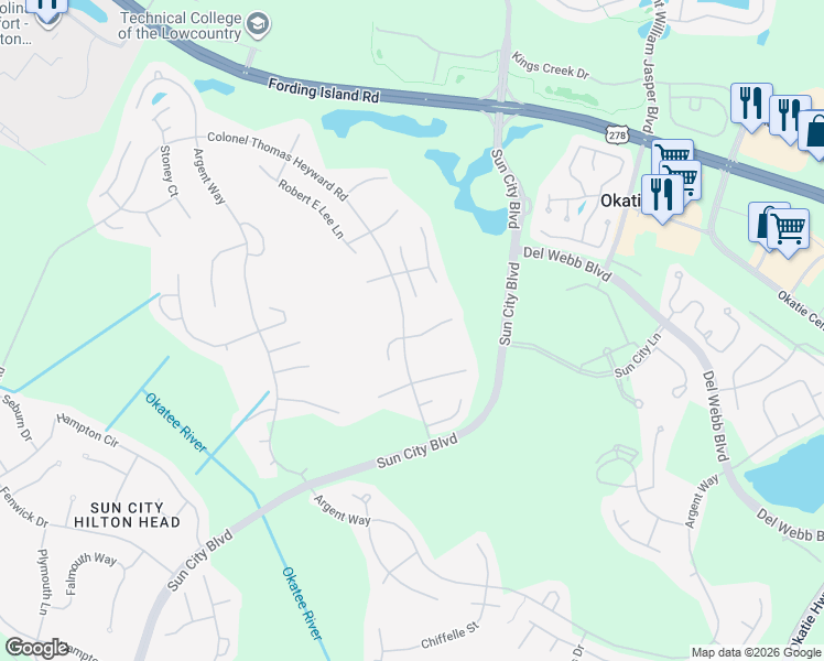 map of restaurants, bars, coffee shops, grocery stores, and more near 101 Fort Walker Lane in Bluffton