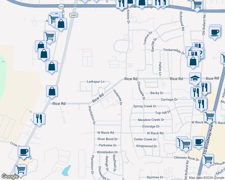map of restaurants, bars, coffee shops, grocery stores, and more near 5 Hollytree Drive in Tyler