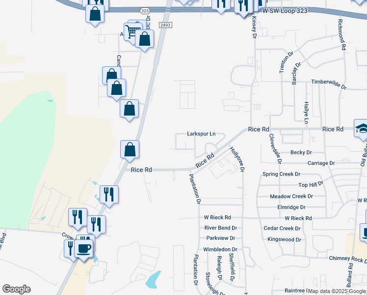 map of restaurants, bars, coffee shops, grocery stores, and more near 1405 Woodbridge Drive in Tyler