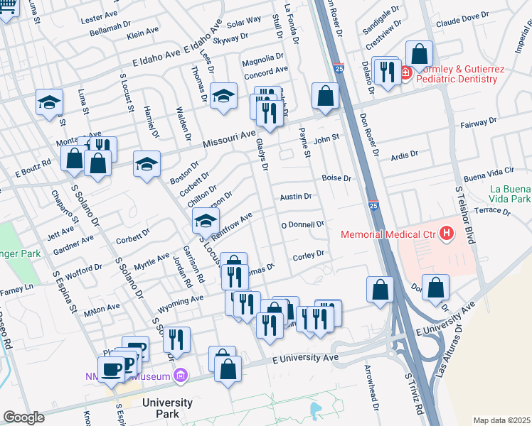 map of restaurants, bars, coffee shops, grocery stores, and more near 2025 Thomas Drive in Las Cruces