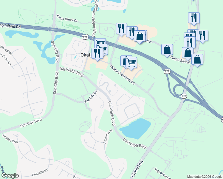 map of restaurants, bars, coffee shops, grocery stores, and more near 7 Pepper Place in Bluffton