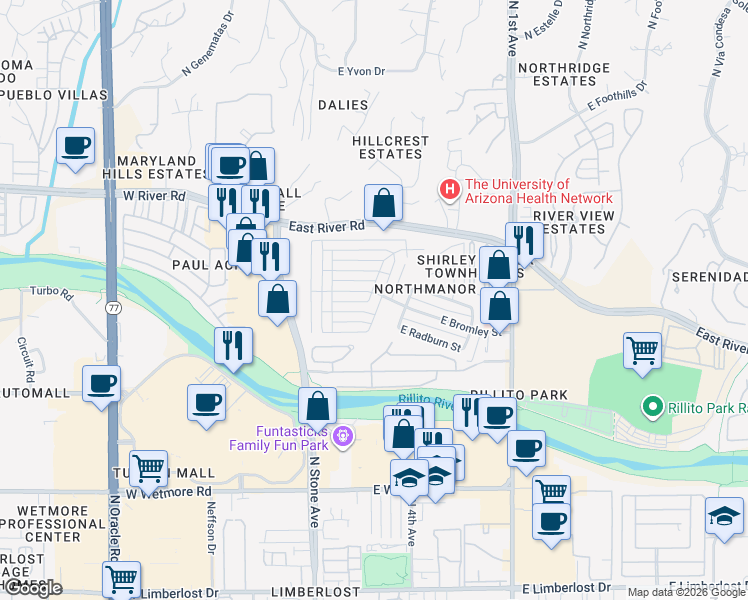 map of restaurants, bars, coffee shops, grocery stores, and more near 310 East Bromley Street in Tucson