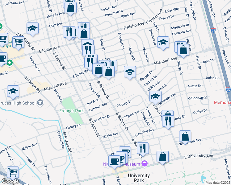 map of restaurants, bars, coffee shops, grocery stores, and more near 1345 Evans Drive in Las Cruces