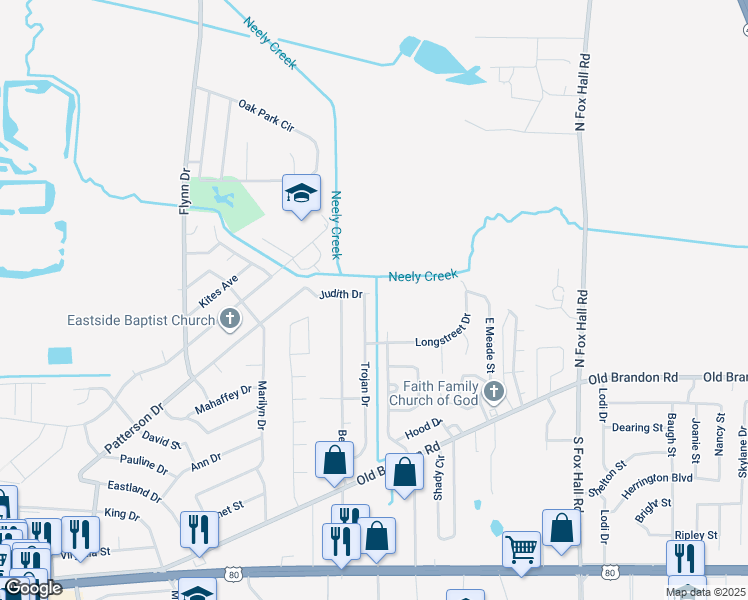 map of restaurants, bars, coffee shops, grocery stores, and more near 280 Trojan Drive in Pearl
