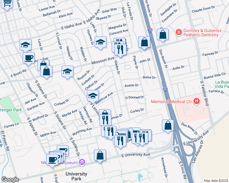 map of restaurants, bars, coffee shops, grocery stores, and more near 1925 Rentfrow Avenue in Las Cruces