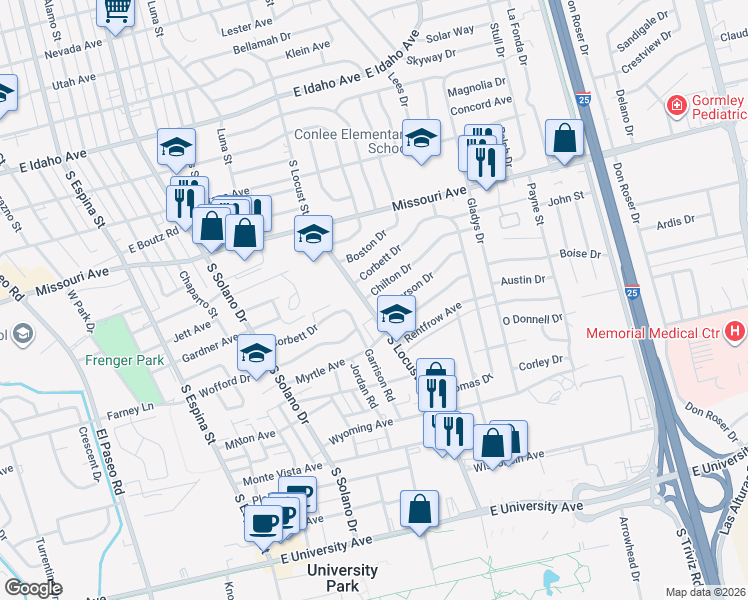 map of restaurants, bars, coffee shops, grocery stores, and more near 1800 Chilton Drive in Las Cruces