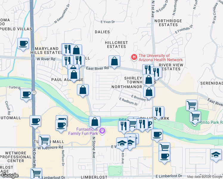 map of restaurants, bars, coffee shops, grocery stores, and more near 310 East Bromley Street in Tucson
