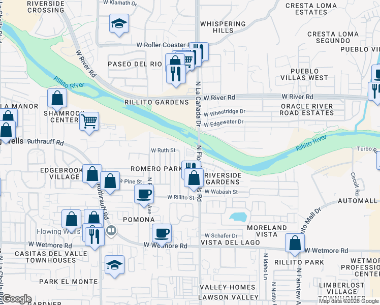 map of restaurants, bars, coffee shops, grocery stores, and more near 4751 North Flowing Wells Road in Tucson