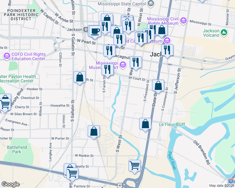 map of restaurants, bars, coffee shops, grocery stores, and more near in Jackson