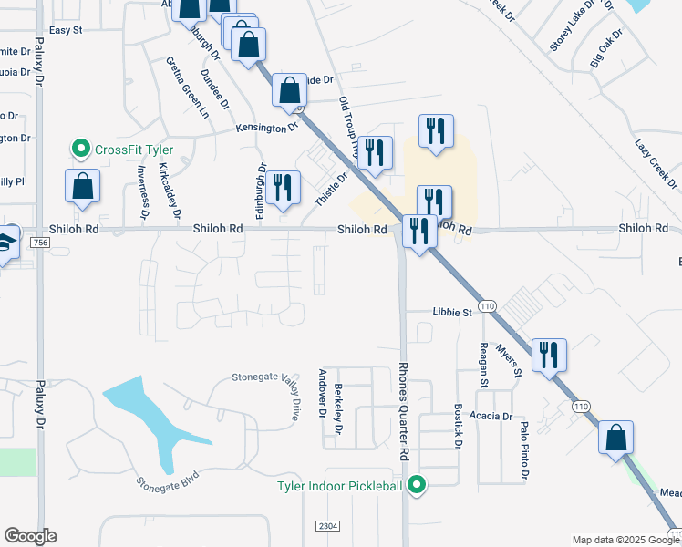 map of restaurants, bars, coffee shops, grocery stores, and more near 2875 Shiloh Road in Tyler