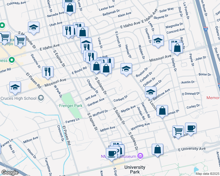 map of restaurants, bars, coffee shops, grocery stores, and more near 1345 Evans Drive in Las Cruces
