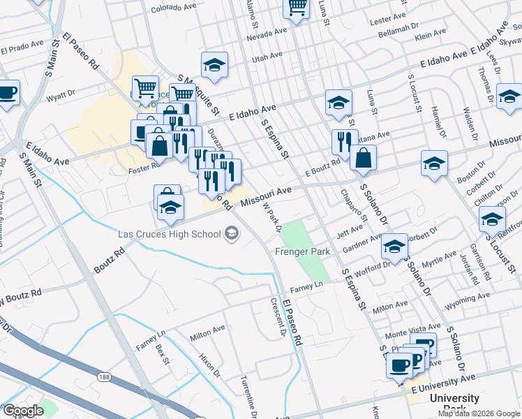 map of restaurants, bars, coffee shops, grocery stores, and more near 1630 West Park Drive in Las Cruces