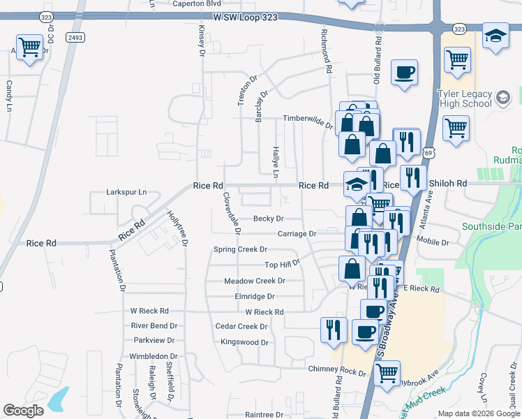 map of restaurants, bars, coffee shops, grocery stores, and more near 606 Paloma Street in Tyler