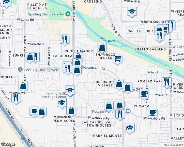 map of restaurants, bars, coffee shops, grocery stores, and more near 4793 North Woodside Drive in Tucson
