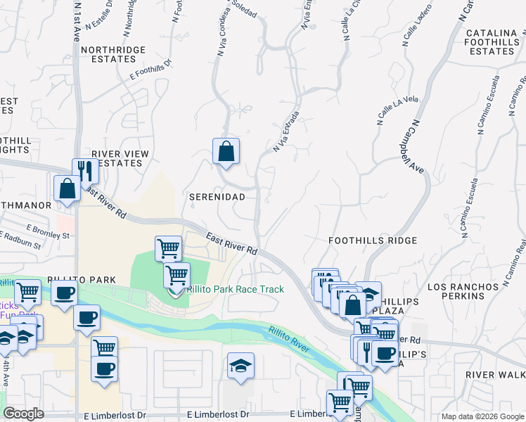 map of restaurants, bars, coffee shops, grocery stores, and more near 4792 North Vía Entrada in Tucson