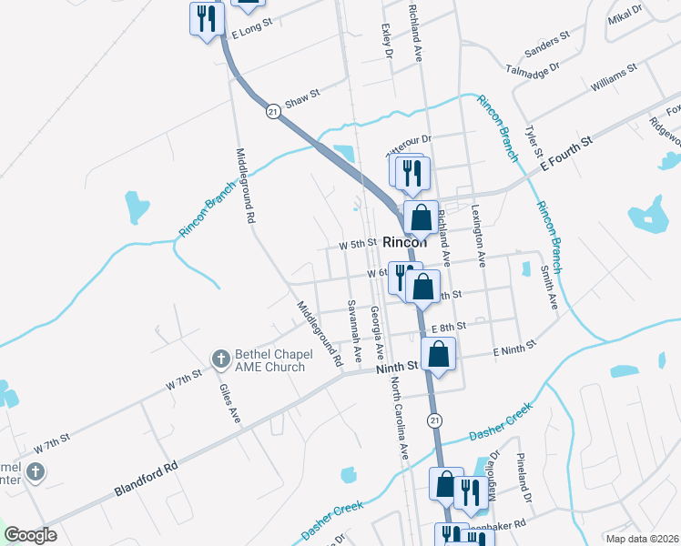 map of restaurants, bars, coffee shops, grocery stores, and more near 302 304 Sixth Street in Rincon