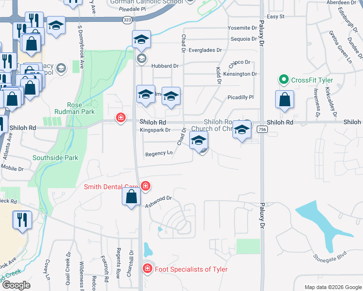 map of restaurants, bars, coffee shops, grocery stores, and more near 5108 Chad Drive in Tyler