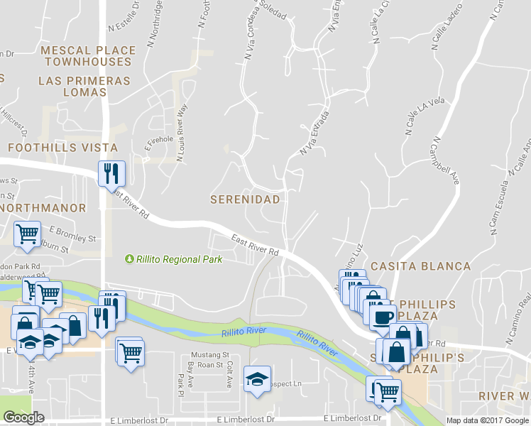 map of restaurants, bars, coffee shops, grocery stores, and more near 4813 North Vía Entrada in Tucson