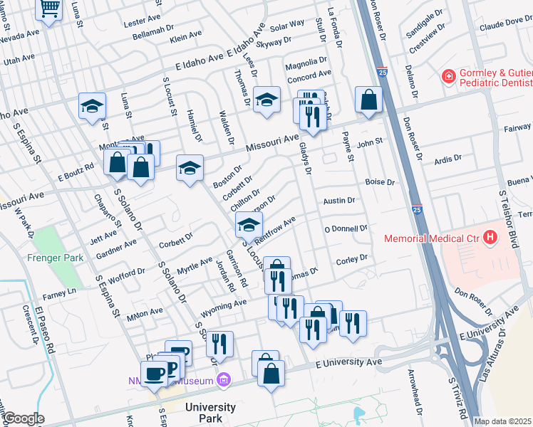 map of restaurants, bars, coffee shops, grocery stores, and more near 1860 Anderson Drive in Las Cruces