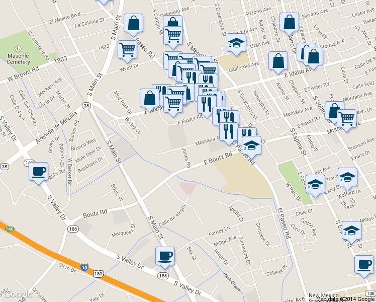 map of restaurants, bars, coffee shops, grocery stores, and more near 810 Montana Avenue in Las Cruces