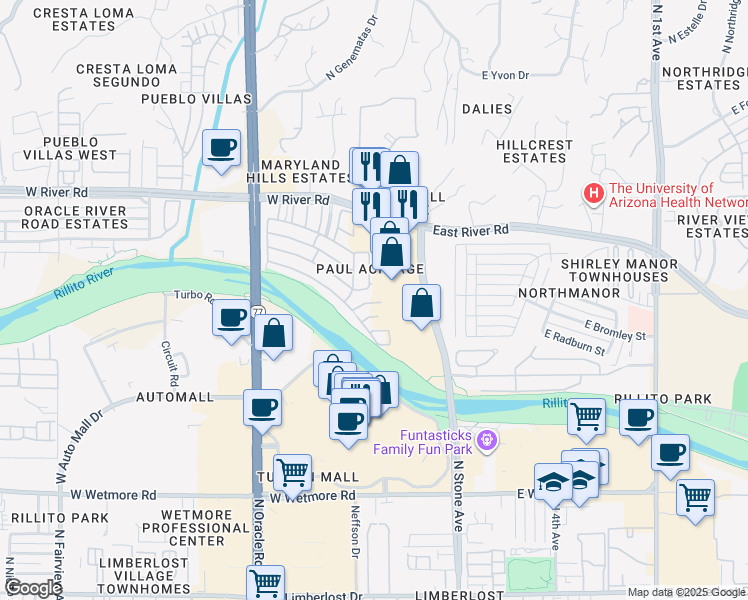 map of restaurants, bars, coffee shops, grocery stores, and more near 4821 North Stone Avenue in Tucson