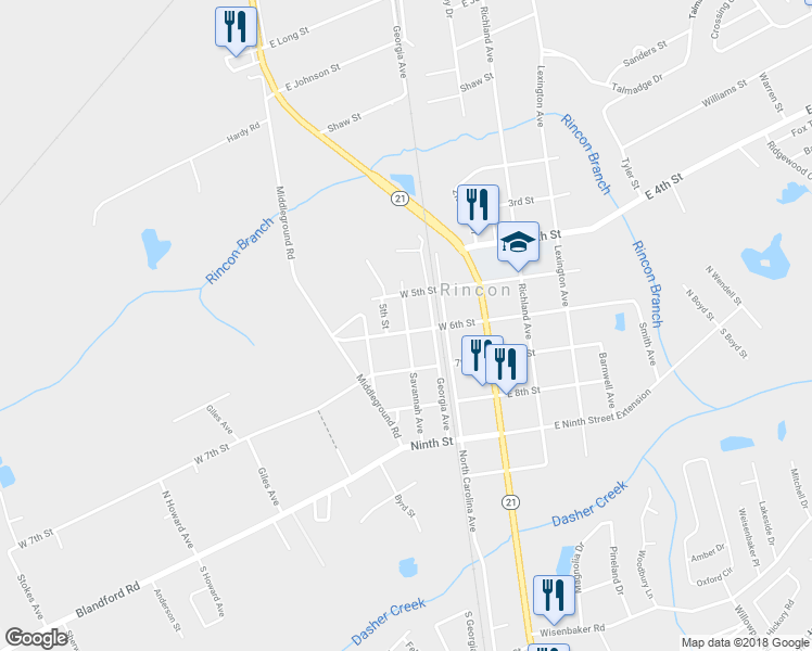map of restaurants, bars, coffee shops, grocery stores, and more near 403 Savannah Avenue in Rincon