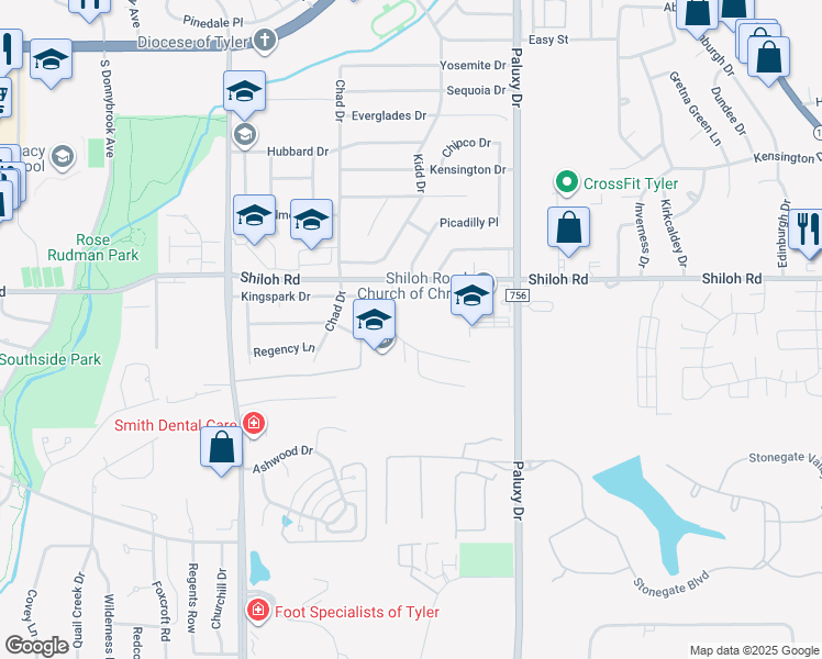 map of restaurants, bars, coffee shops, grocery stores, and more near 1526 Timber Creek Drive in Tyler