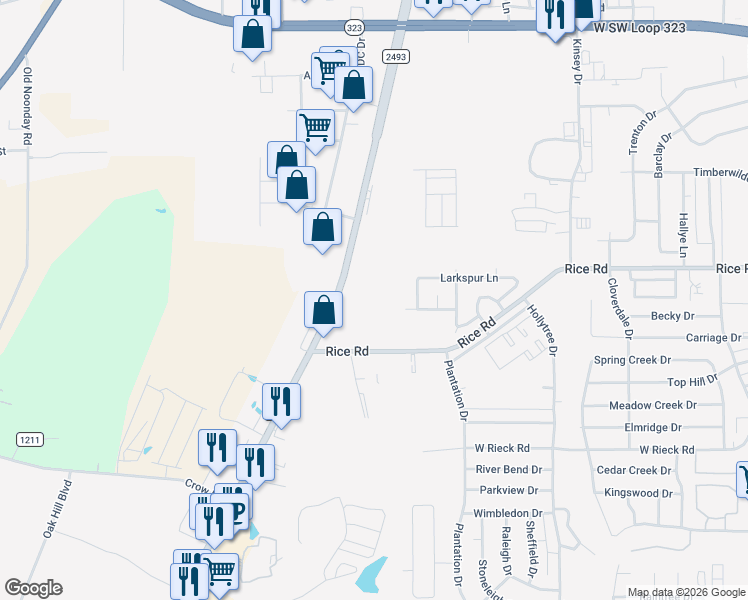 map of restaurants, bars, coffee shops, grocery stores, and more near 1521 Rice Road in Tyler