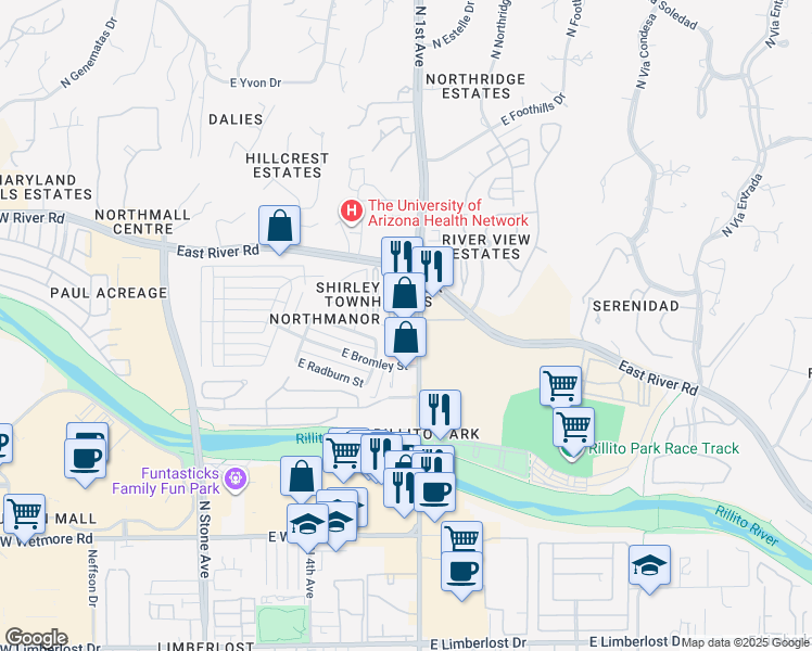 map of restaurants, bars, coffee shops, grocery stores, and more near 4750 North 1st Avenue in Tucson