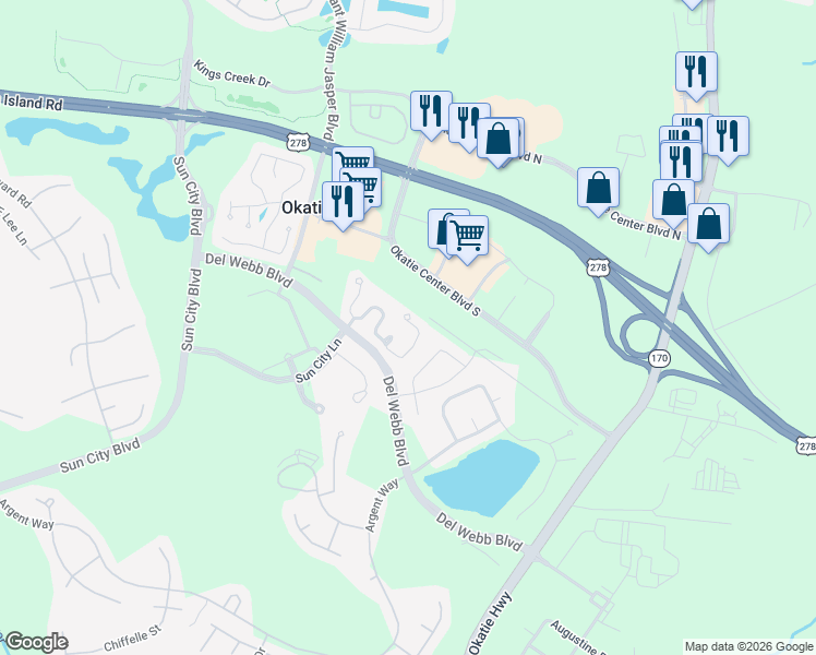 map of restaurants, bars, coffee shops, grocery stores, and more near 7 Pepper Place in Bluffton