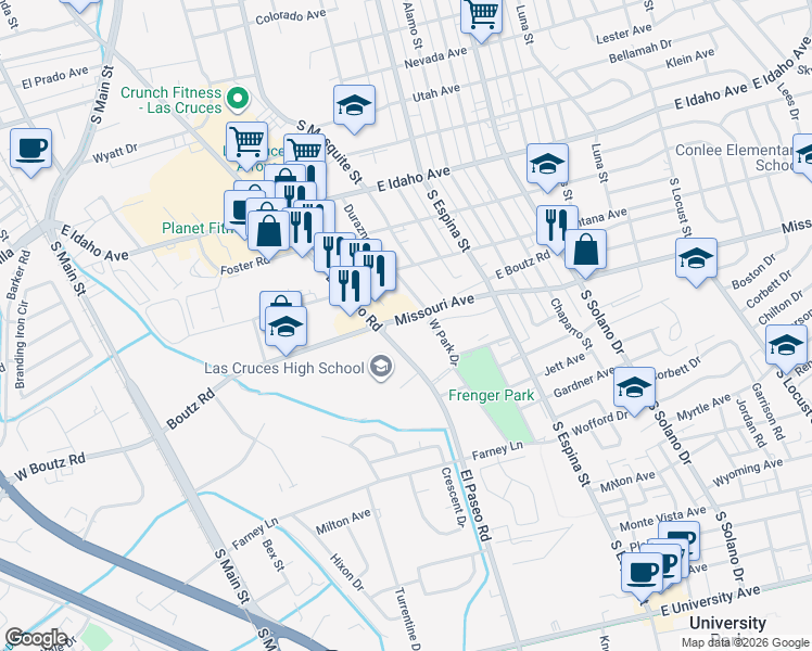map of restaurants, bars, coffee shops, grocery stores, and more near 1630 West Park Drive in Las Cruces