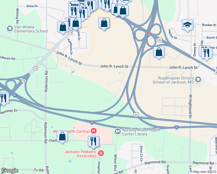 map of restaurants, bars, coffee shops, grocery stores, and more near 3855 Yarbro Street in Jackson