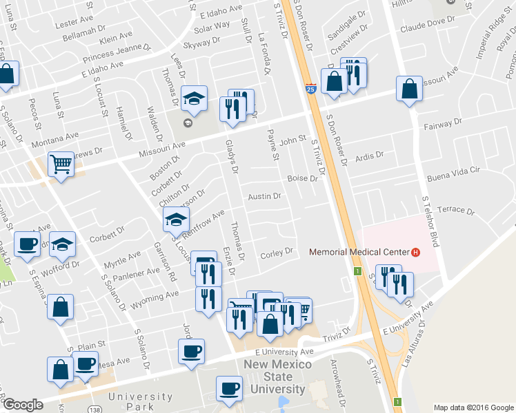 map of restaurants, bars, coffee shops, grocery stores, and more near 2025 Rentfrow Avenue in Las Cruces