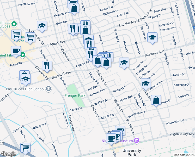 map of restaurants, bars, coffee shops, grocery stores, and more near 1801 Chaparro Street in Las Cruces