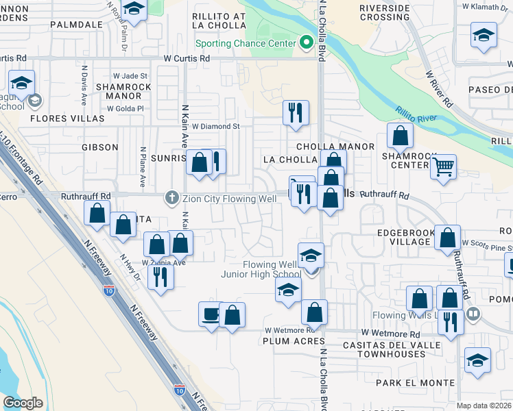 map of restaurants, bars, coffee shops, grocery stores, and more near 2305 West Ruthrauff Road in Tucson