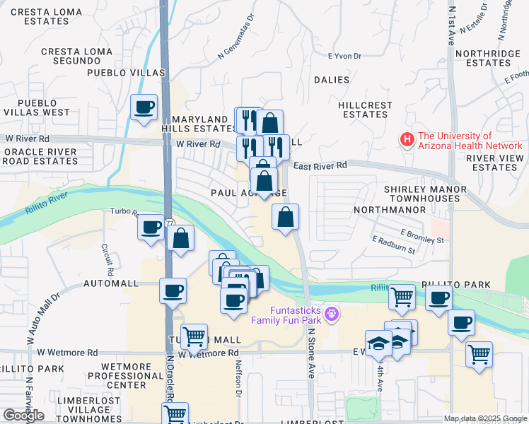 map of restaurants, bars, coffee shops, grocery stores, and more near 4821 North Stone Avenue in Tucson