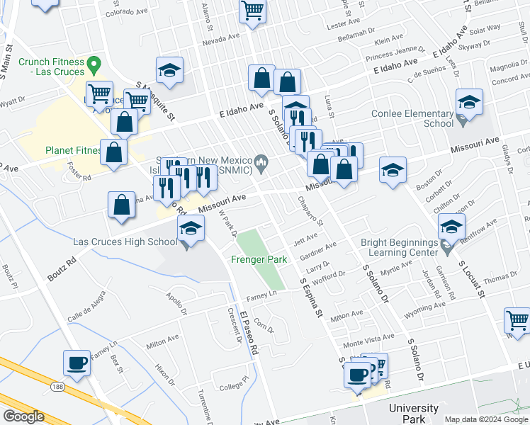 map of restaurants, bars, coffee shops, grocery stores, and more near 1708 South Espina Street in Las Cruces