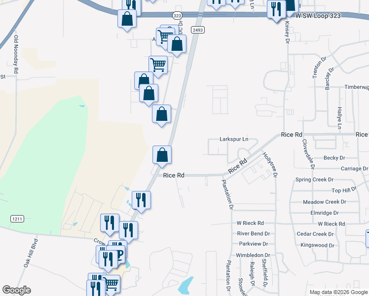 map of restaurants, bars, coffee shops, grocery stores, and more near 1521 Rice Road in Tyler
