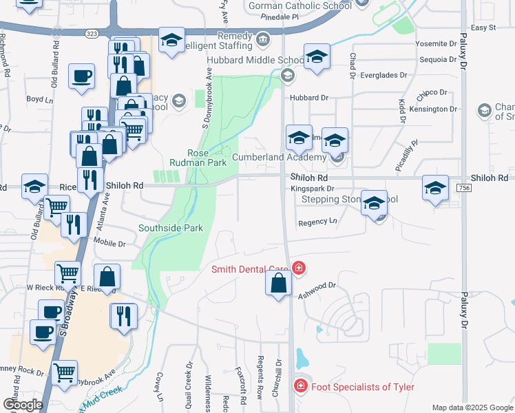 map of restaurants, bars, coffee shops, grocery stores, and more near 5100 Sweetbriar Lane in Tyler