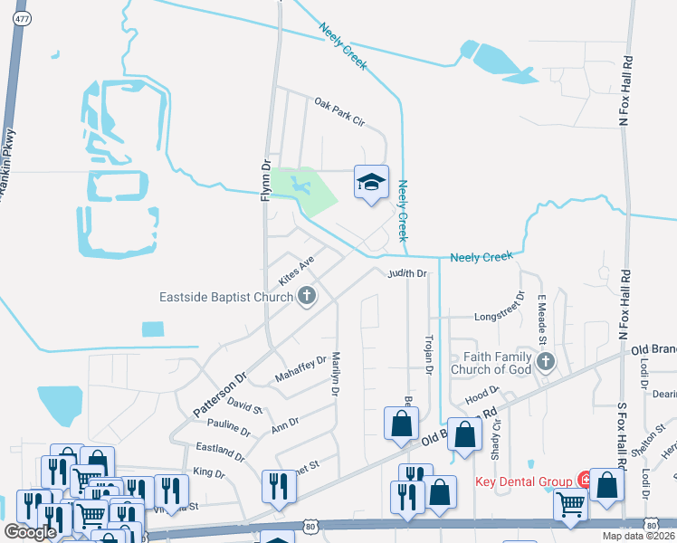 map of restaurants, bars, coffee shops, grocery stores, and more near 3520 Patterson Drive in Pearl
