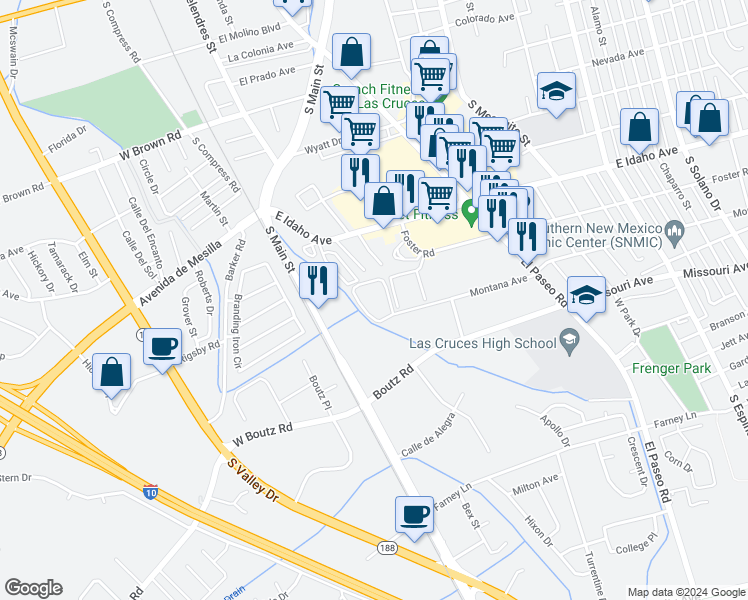 map of restaurants, bars, coffee shops, grocery stores, and more near 201 Montana Avenue in Las Cruces