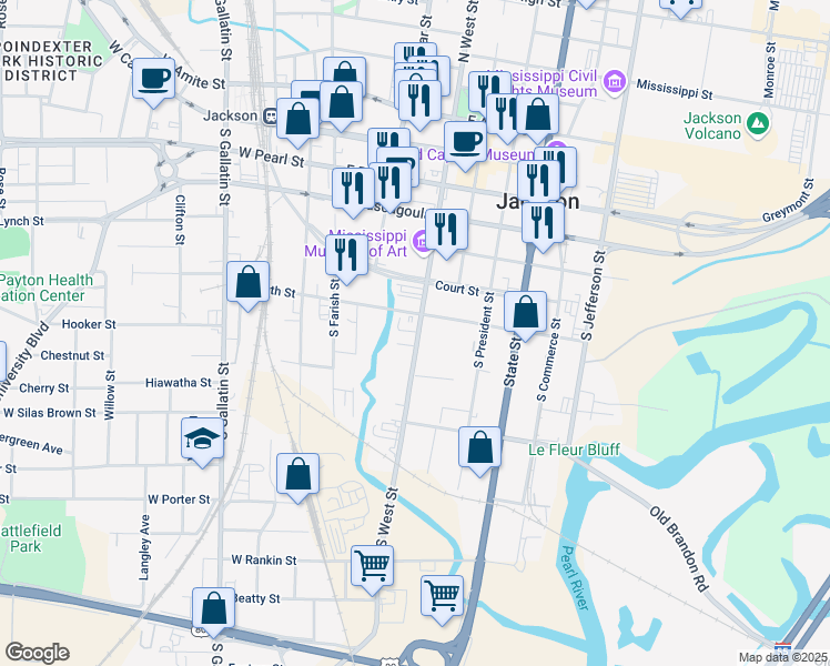 map of restaurants, bars, coffee shops, grocery stores, and more near 619 South West Street in Jackson
