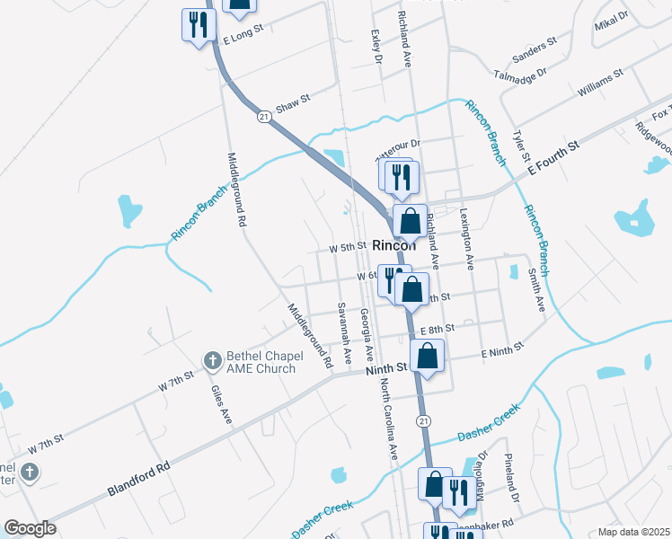 map of restaurants, bars, coffee shops, grocery stores, and more near 405 Savannah Avenue in Rincon