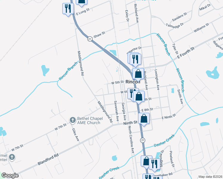 map of restaurants, bars, coffee shops, grocery stores, and more near 302 304 Sixth Street in Rincon