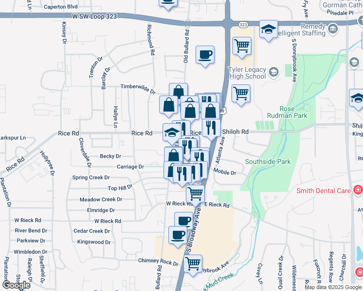 map of restaurants, bars, coffee shops, grocery stores, and more near 200 Rice Road in Tyler