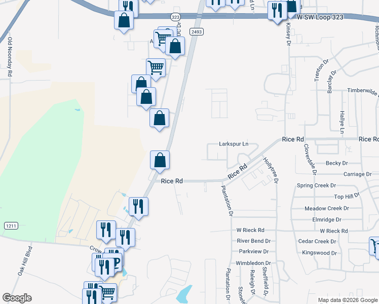 map of restaurants, bars, coffee shops, grocery stores, and more near 1521 Rice Road in Tyler