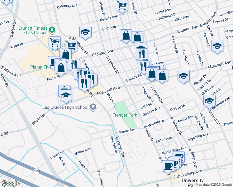 map of restaurants, bars, coffee shops, grocery stores, and more near 930 East Boutz Road in Las Cruces