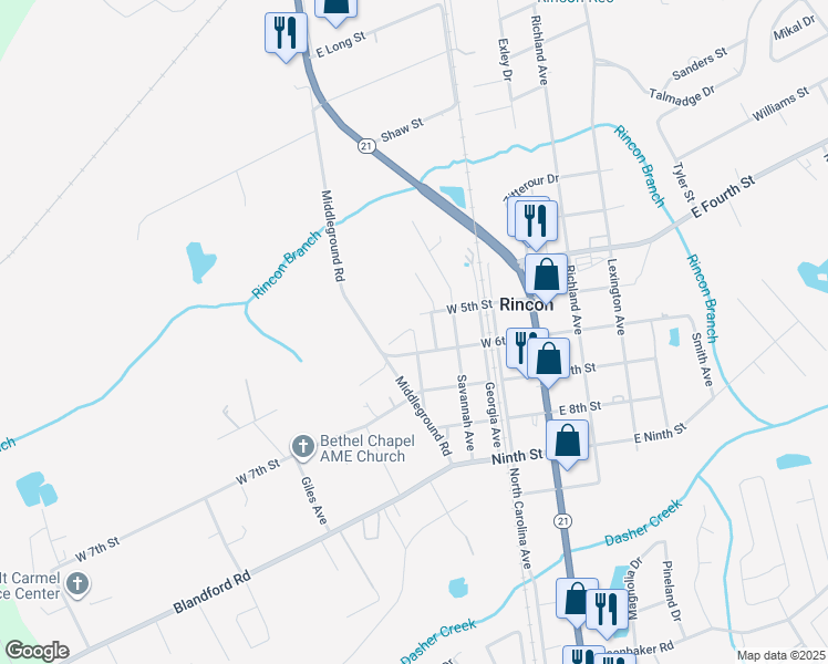 map of restaurants, bars, coffee shops, grocery stores, and more near 410 Chatham Avenue in Rincon