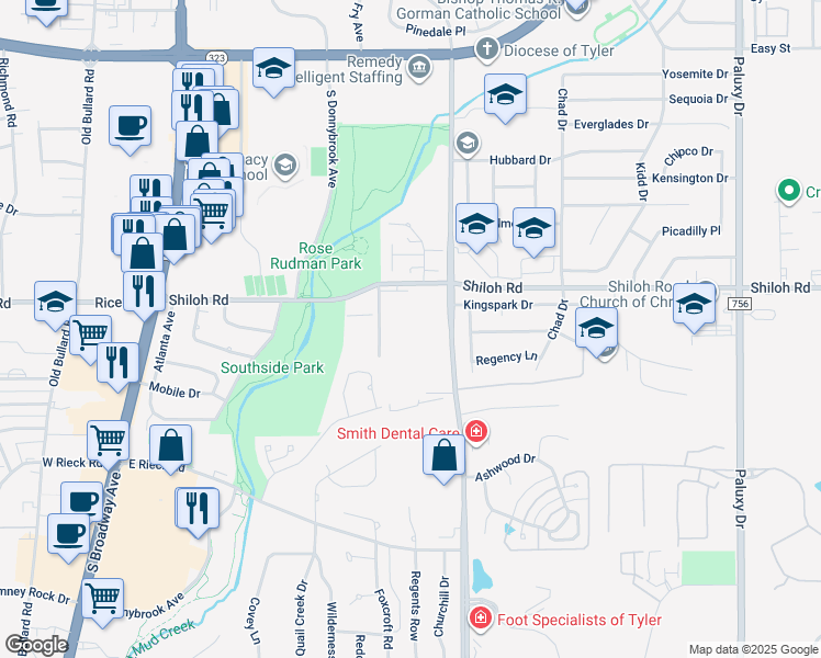 map of restaurants, bars, coffee shops, grocery stores, and more near 5100 Sweetbriar Lane in Tyler