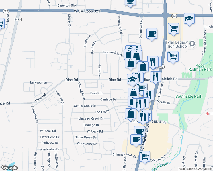 map of restaurants, bars, coffee shops, grocery stores, and more near 506 Rice Road in Tyler